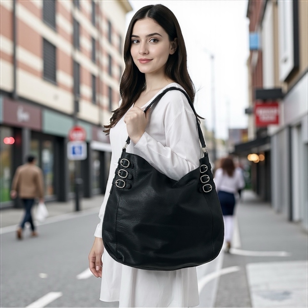 Kenneth Cole Black Leather Hobo Bag Buckle